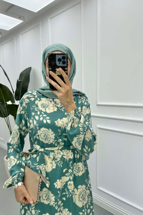 Sare Fashion Floral Patterned Viscose Dress Green