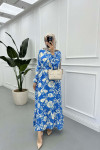 Sare Fashion Floral Patterned Tied Viscose Dress Blue