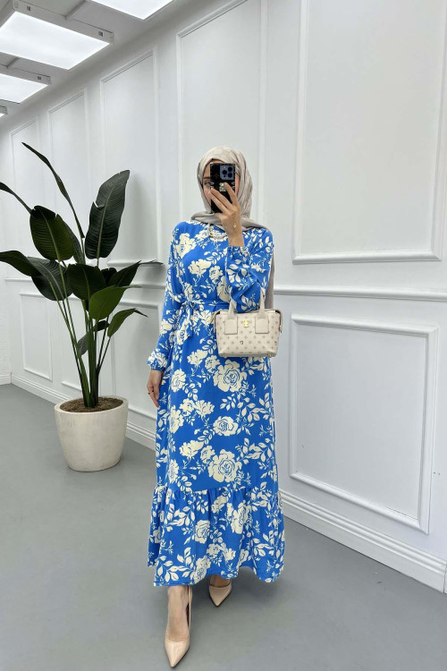 Sare Fashion Floral Patterned Tied Viscose Dress Blue