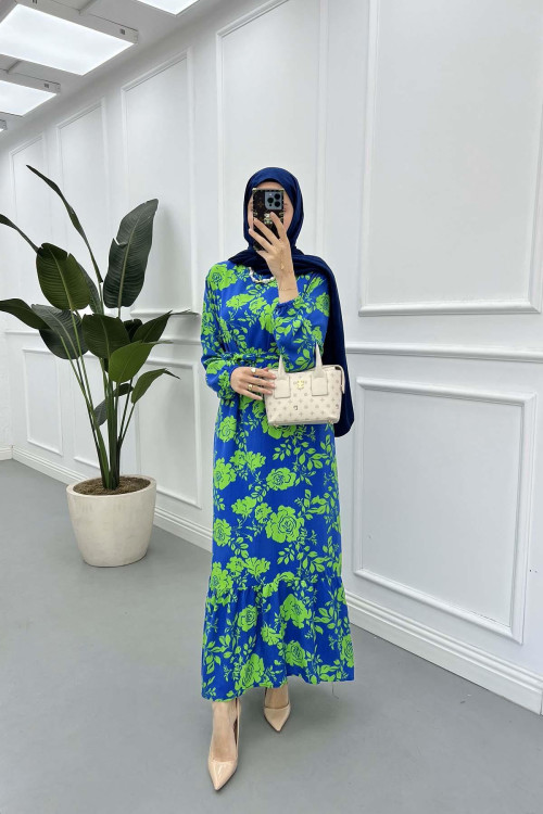 Sare Fashion Floral Patterned Viscose Dress Green-Blue