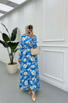 Sare Fashion Floral Patterned Tied Viscose Dress Blue