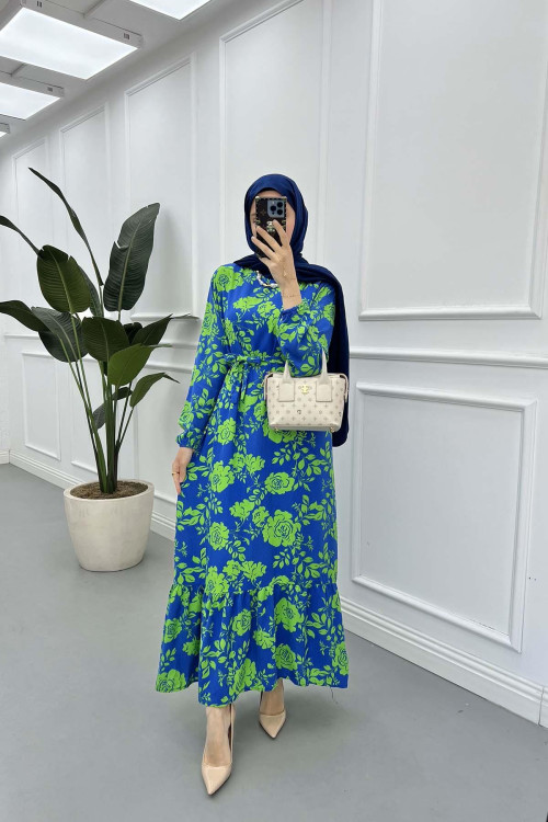 Sare Fashion Floral Patterned Viscose Dress Green-Blue