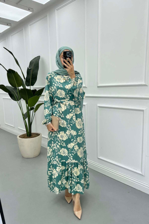 Sare Fashion Floral Patterned Viscose Dress Green