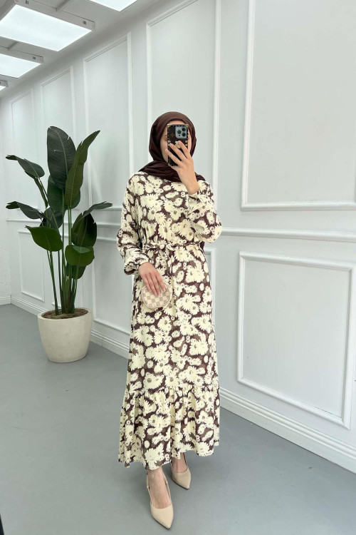 Sare Fashion Floral Patterned Tie Dress Brown
