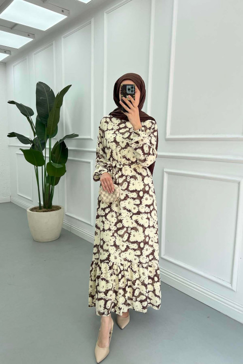 Sare Fashion Floral Patterned Tie Dress Brown