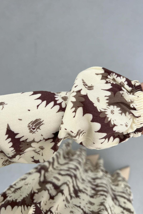 Sare Fashion Floral Patterned Tie Dress Brown