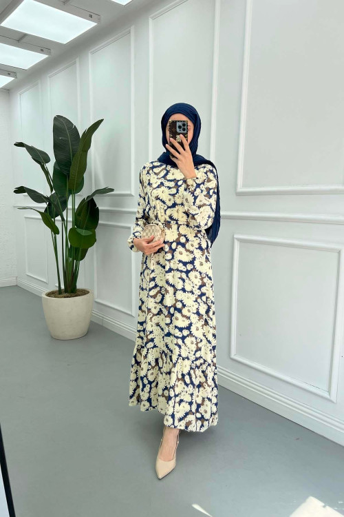 Sare Fashion Floral Patterned Tie Dress Blue