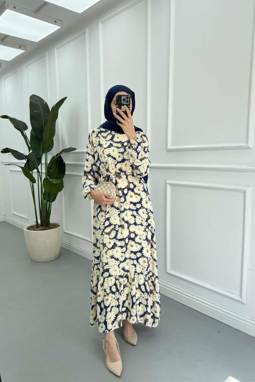 Sare Fashion Floral Patterned Tie Dress Blue
