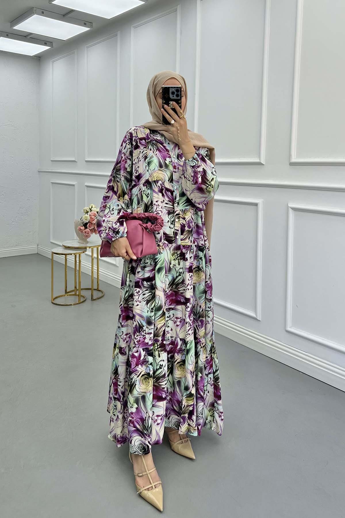 Sare Fashion Floral Patterned Button Detail Dress Purple
