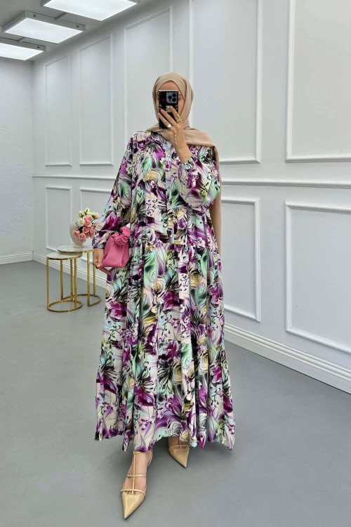 Sare Fashion Floral Patterned Button Detail Dress Purple