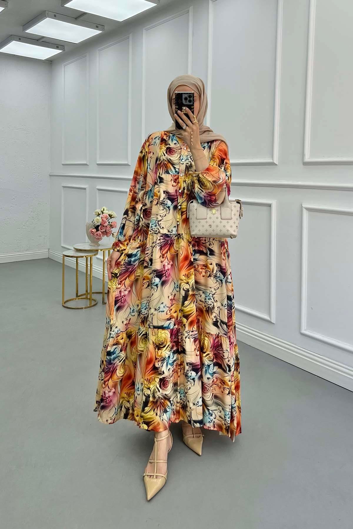 Sare Fashion Floral Patterned Button Detail Dress Yellow