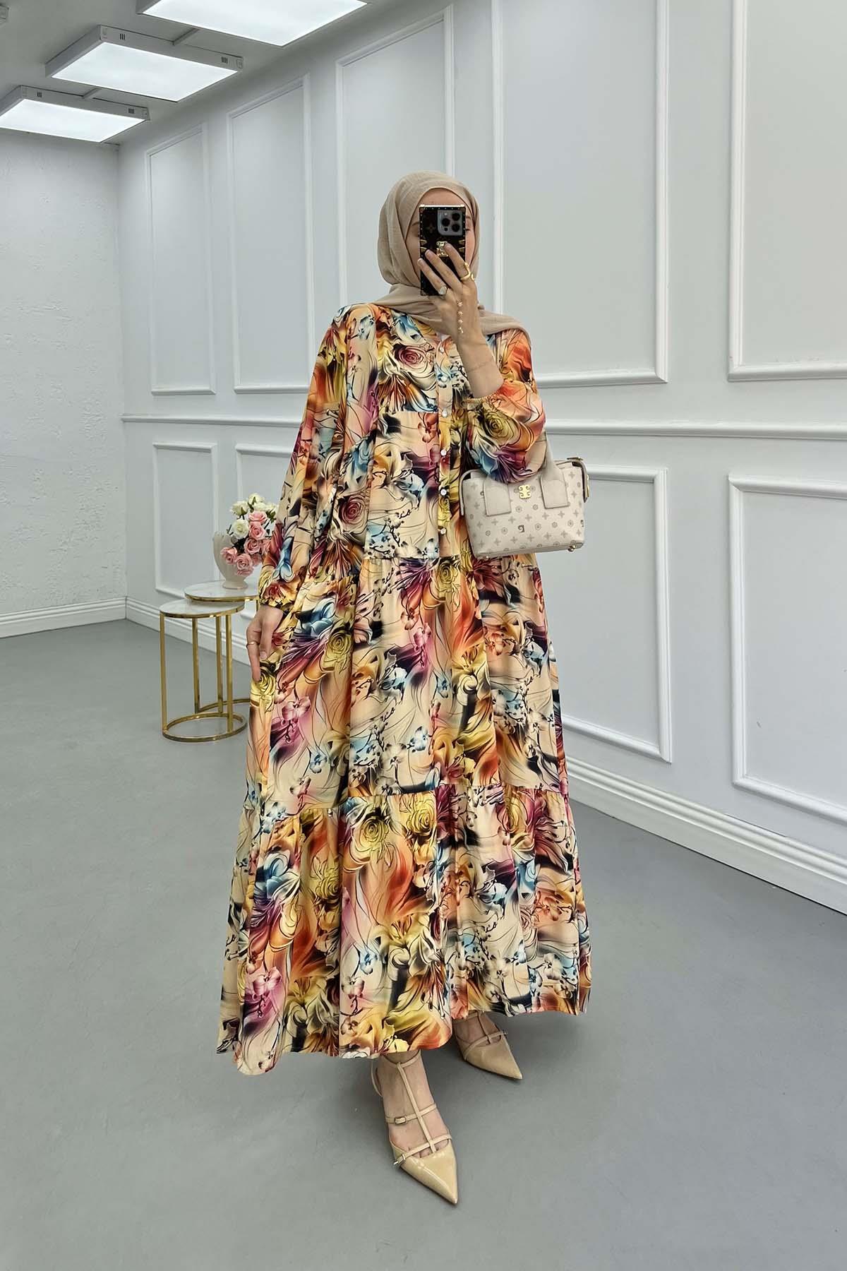 Sare Fashion Floral Patterned Button Detail Dress Yellow
