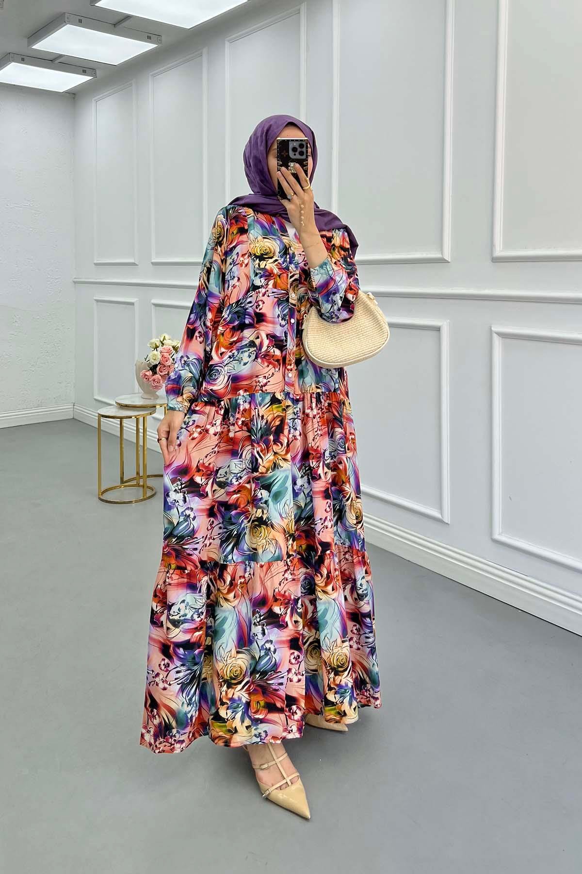 Sare Fashion Floral Patterned Button Detailed Dress Orange