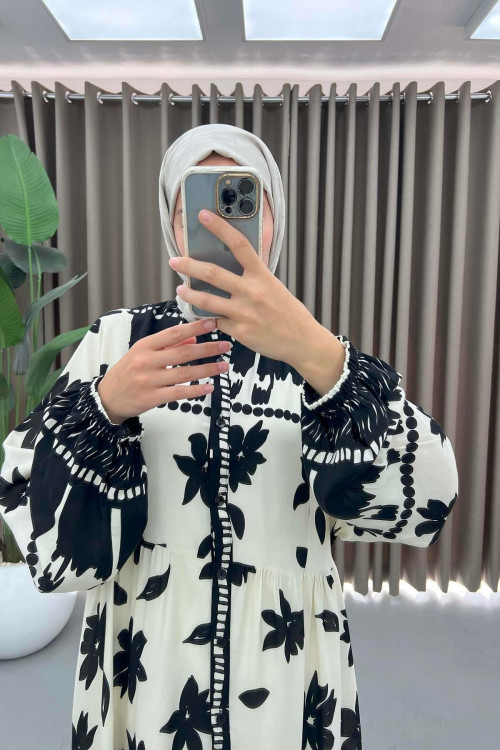 Floral Patterned Buttoned Viscose Dress White