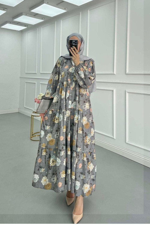 Sare Fashion Floral Patterned Dress Gray