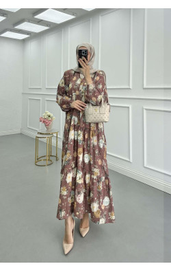 Sare Fashion Floral Patterned Dress Brown