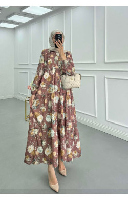 Sare Fashion Floral Patterned Dress Brown