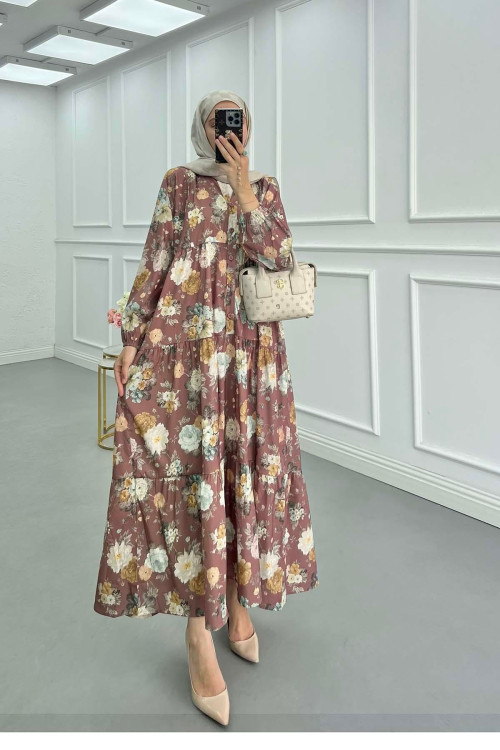 Sare Fashion Floral Patterned Dress Brown