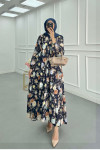Sare Fashion Floral Patterned Dress Navy Blue