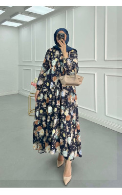 Sare Fashion Floral Patterned Dress Navy Blue