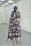 Sare Fashion Floral Patterned Dress Navy Blue