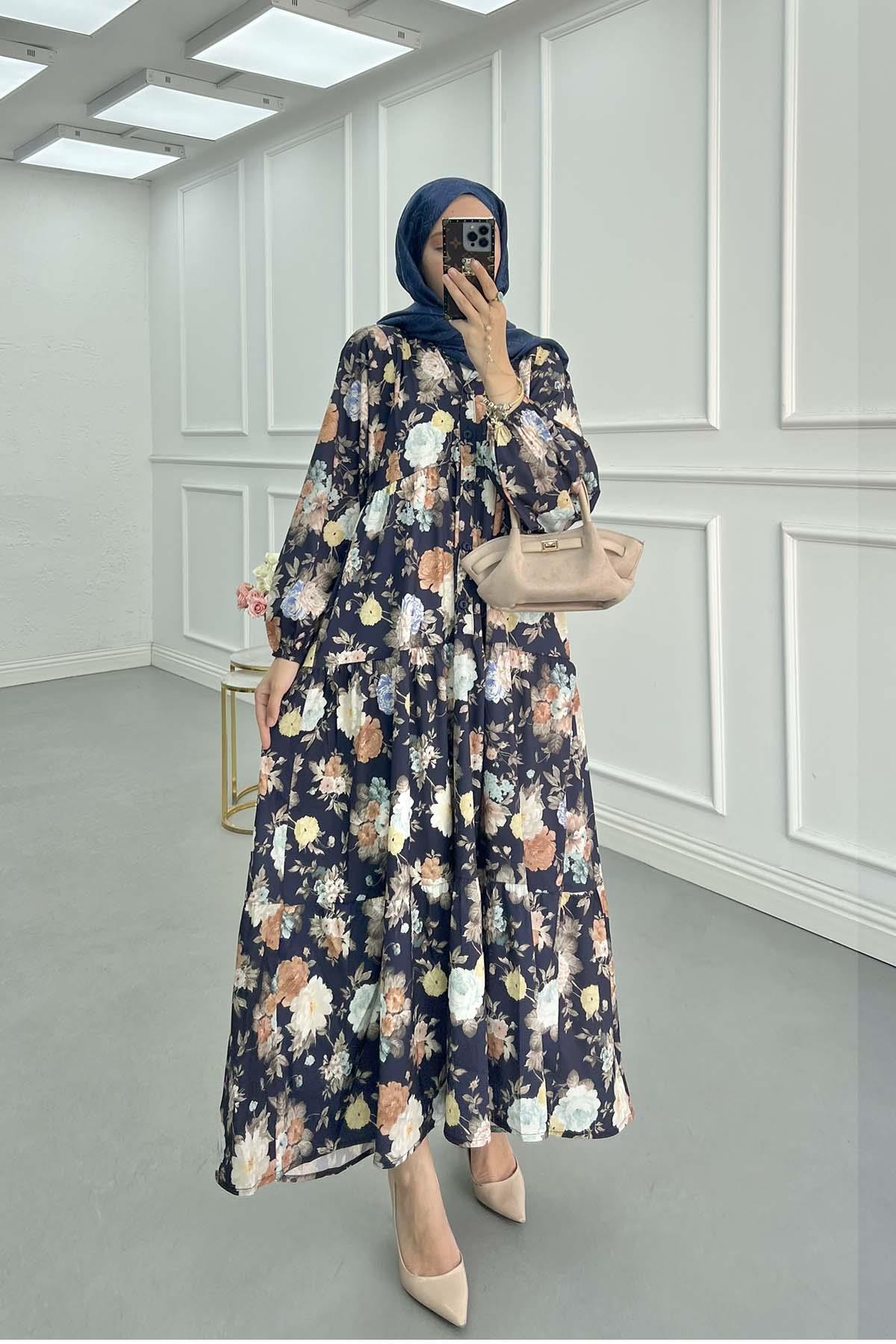 Sare Fashion Floral Patterned Dress Navy Blue
