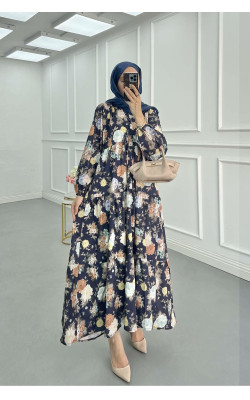 Sare Fashion Floral Patterned Dress Navy Blue