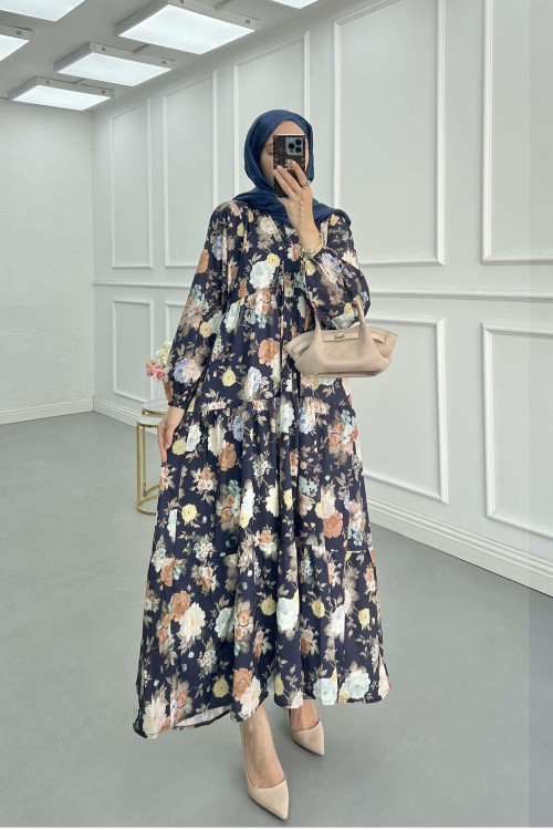 Sare Fashion Floral Patterned Dress Navy Blue