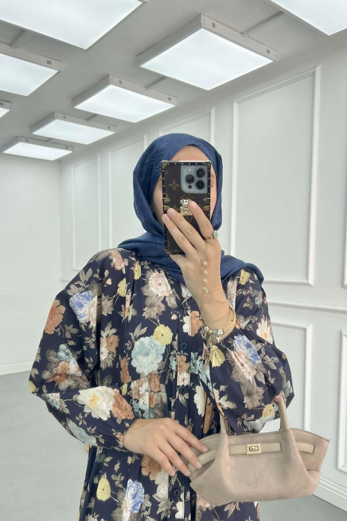 Sare Fashion Floral Patterned Dress Navy Blue