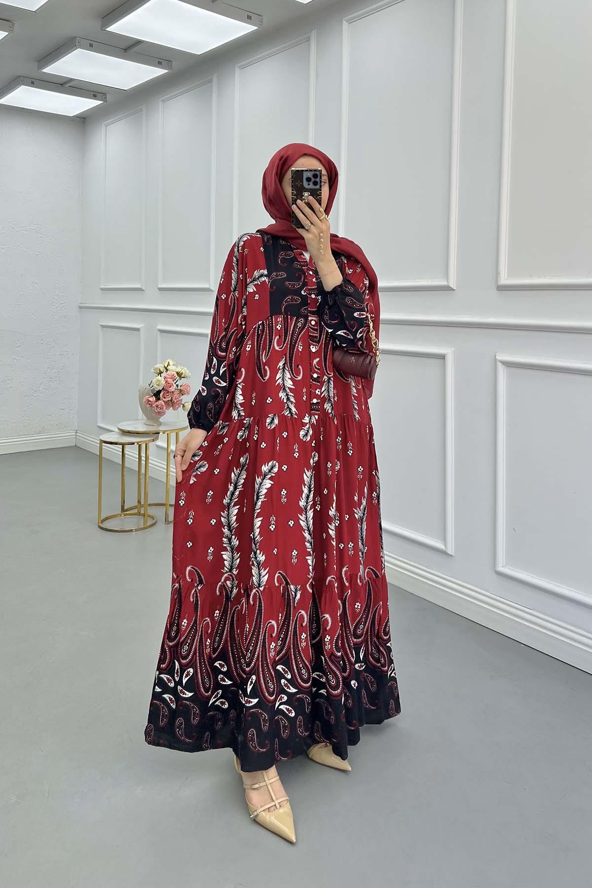 Sare Fashion Floral Patterned Elastic Sleeve Dress Burgundy