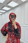 Sare Fashion Floral Patterned Elastic Sleeve Dress Burgundy