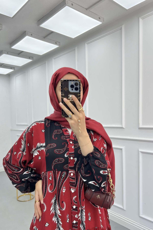 Sare Fashion Floral Patterned Elastic Sleeve Dress Burgundy