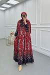 Sare Fashion Floral Patterned Elastic Sleeve Dress Burgundy