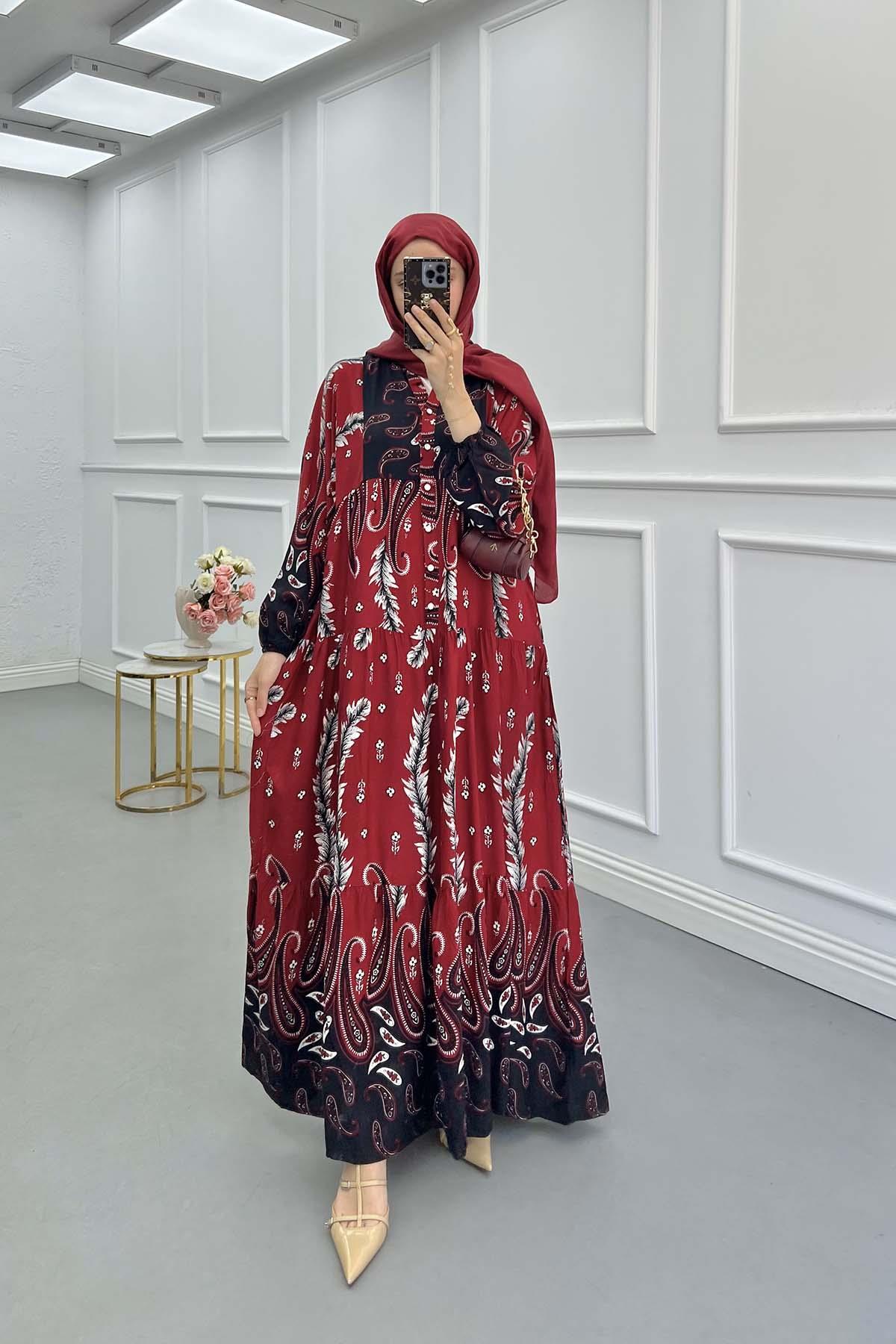 Sare Fashion Floral Patterned Elastic Sleeve Dress Burgundy