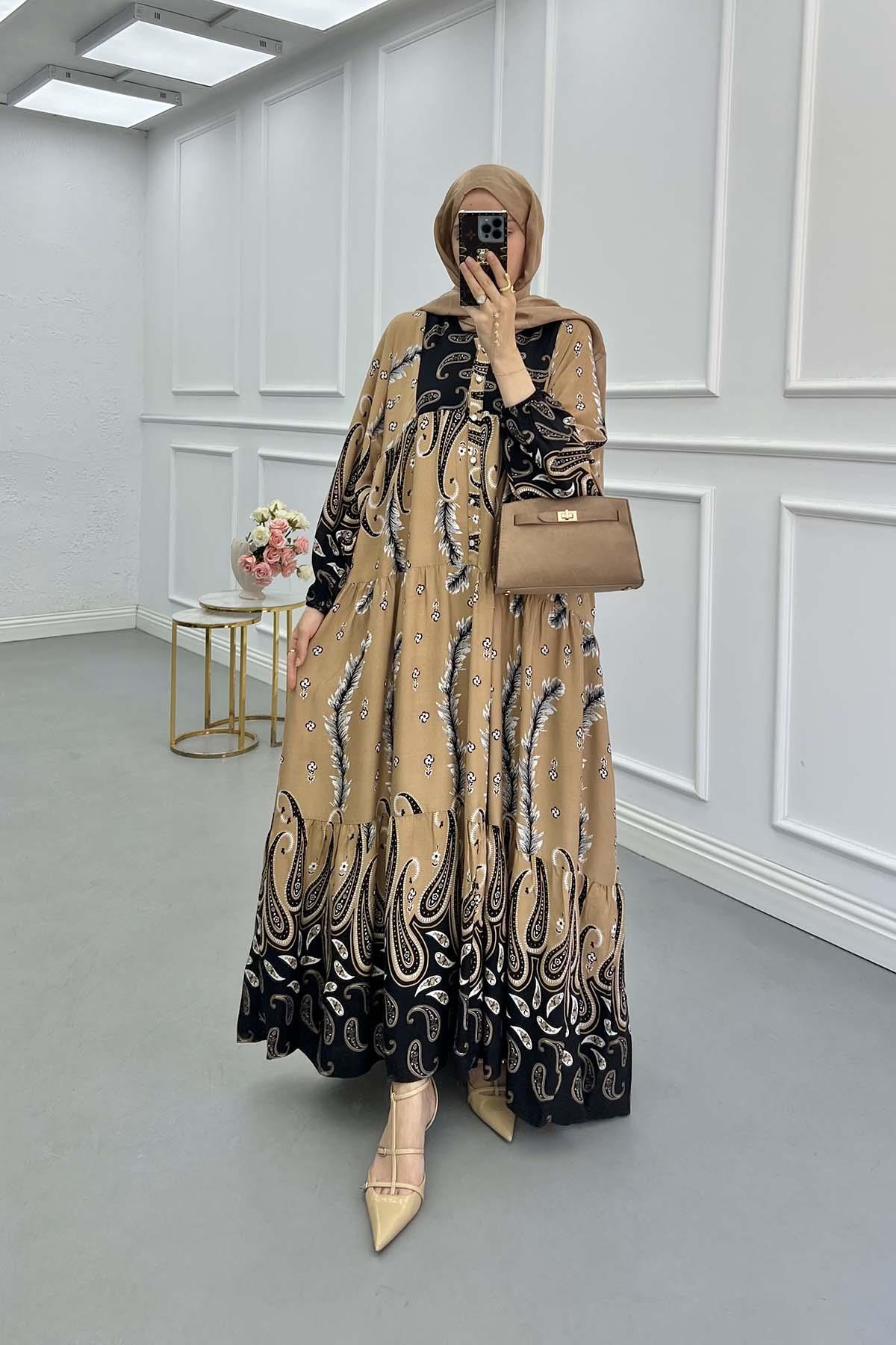 Sare Fashion Floral Patterned Elastic Sleeve Dress Camel