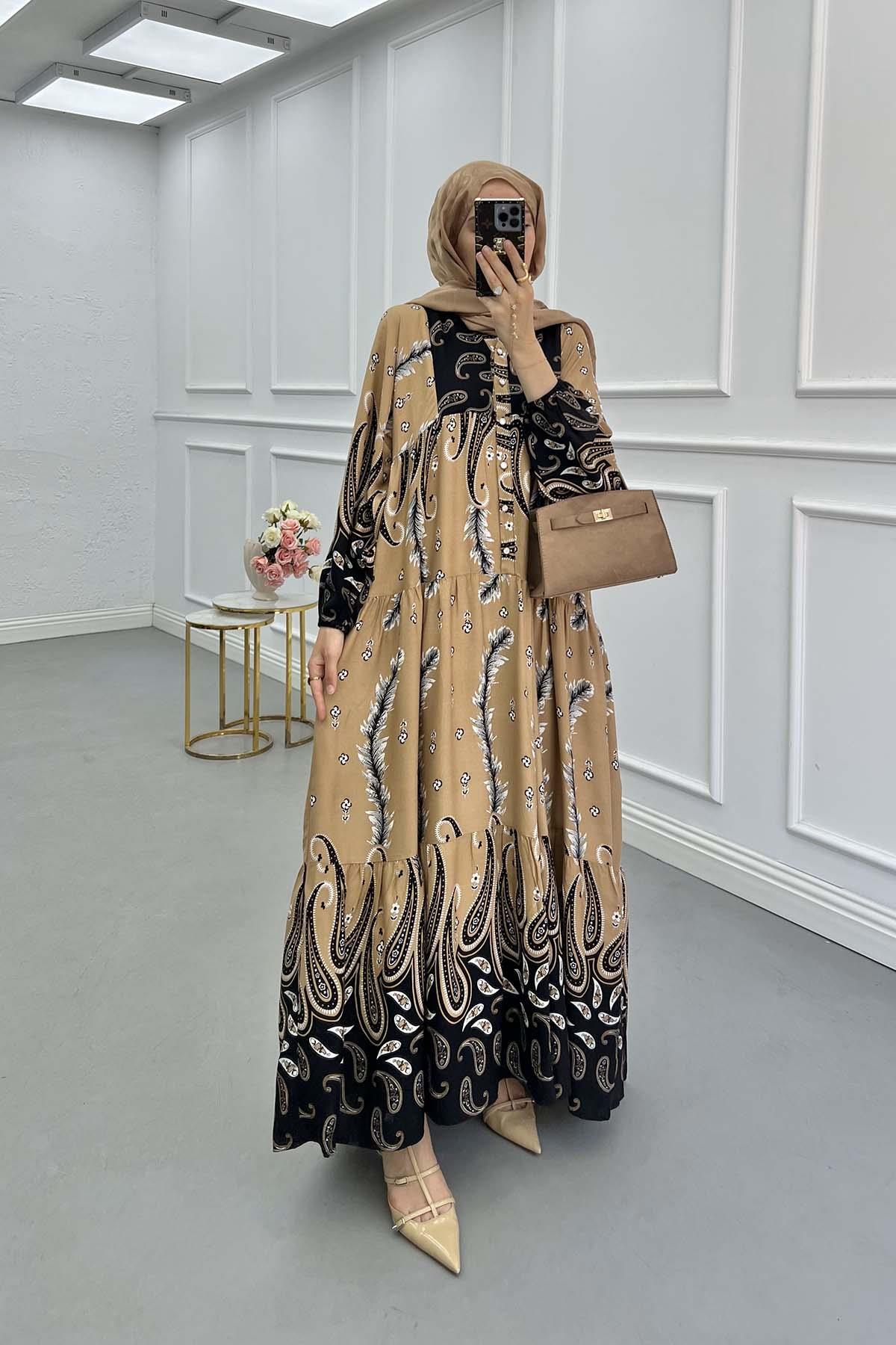 Sare Fashion Floral Patterned Elastic Sleeve Dress Camel