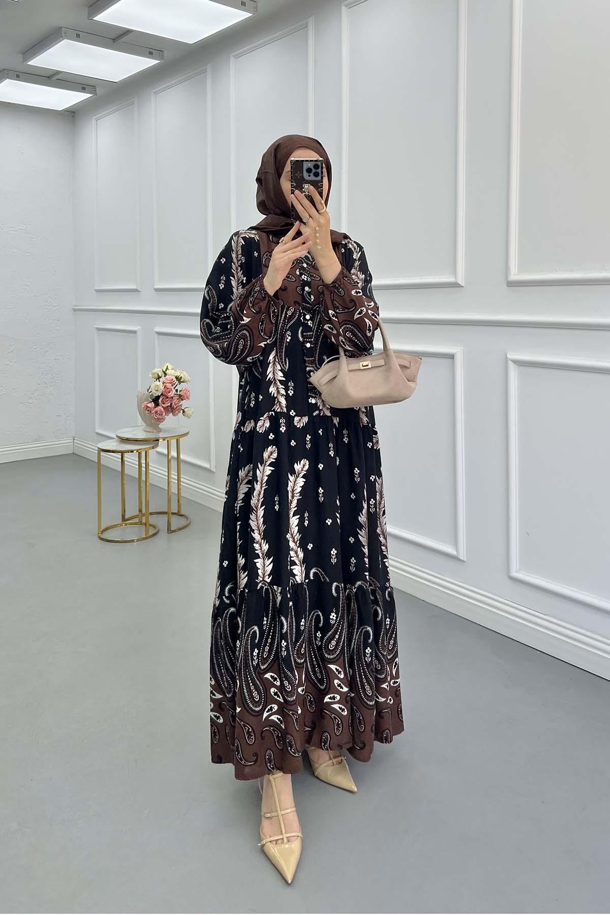 Sare Fashion Floral Patterned Elastic Sleeve Dress Black
