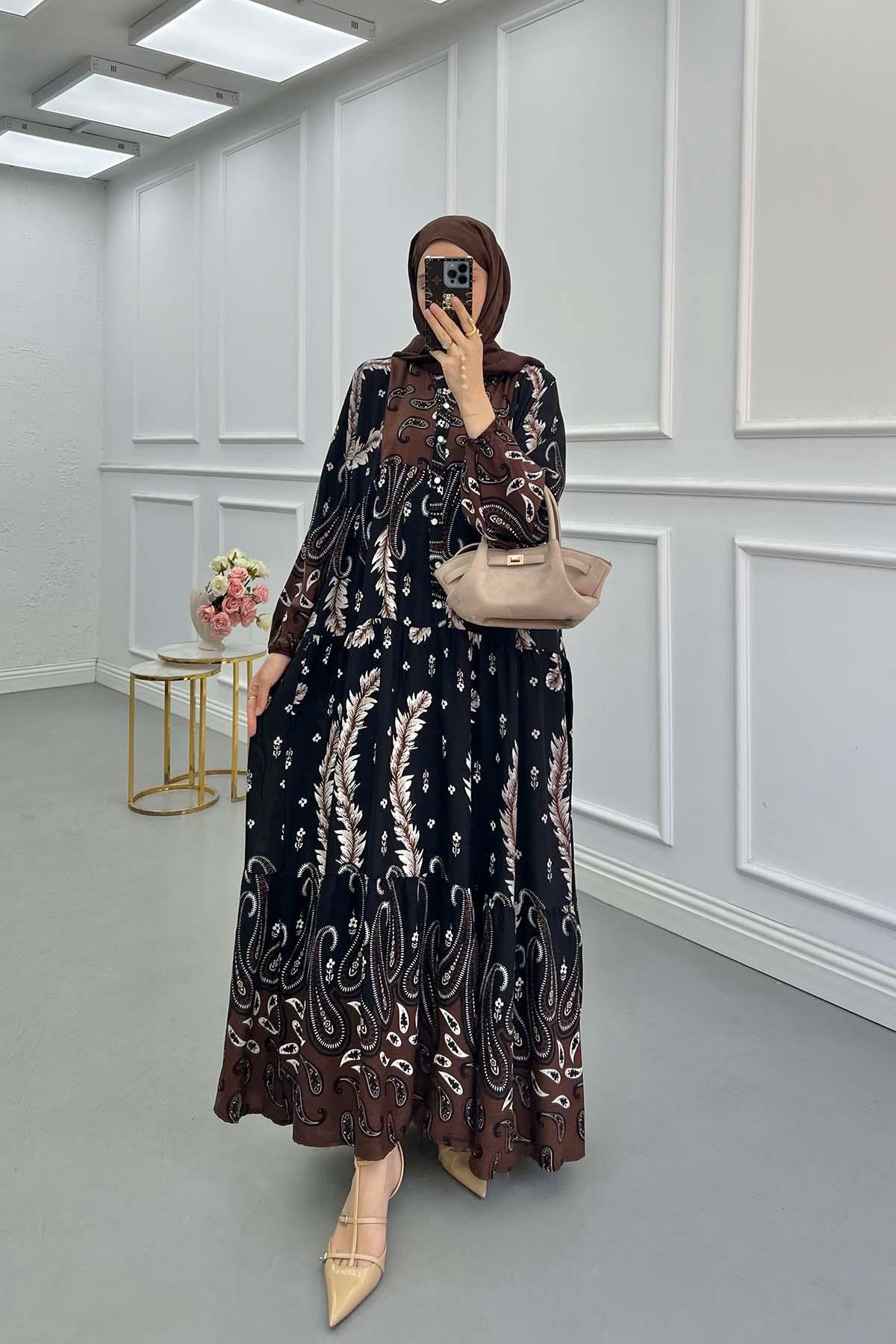 Sare Fashion Floral Patterned Elastic Sleeve Dress Black