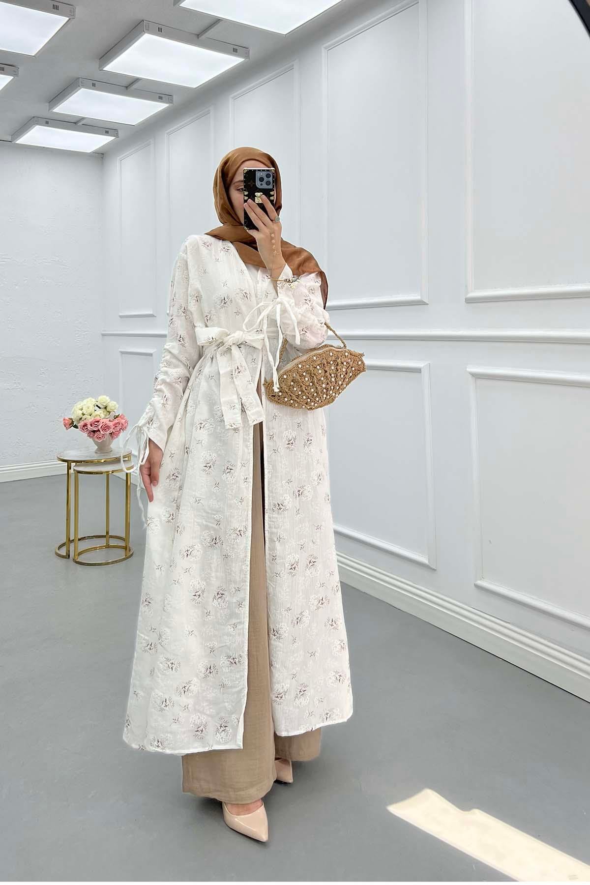 Sare Fashion Floral Patterned Belted Muslin Set Camel