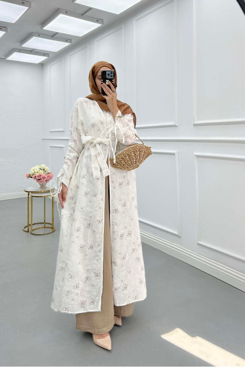 Sare Fashion Floral Patterned Belted Muslin Set Camel