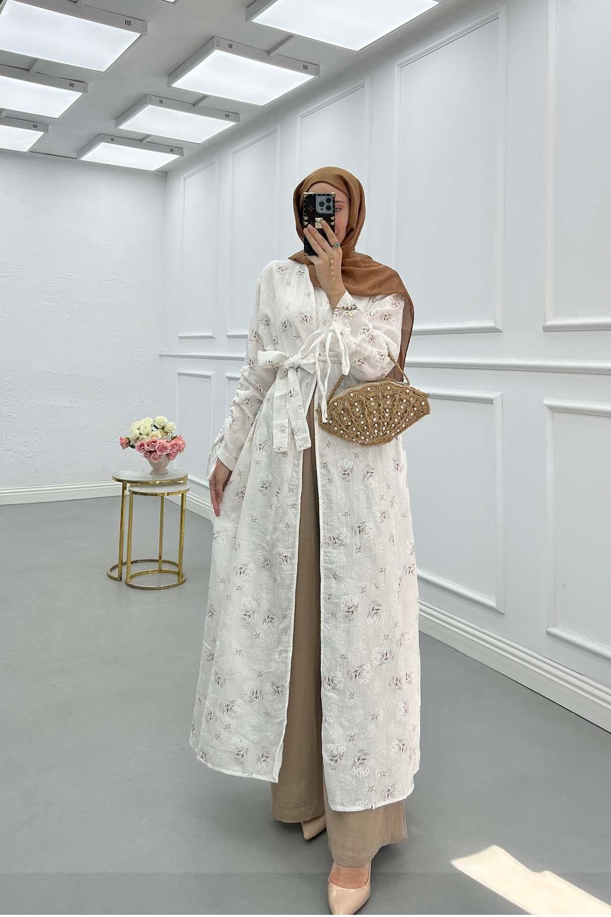 Sare Fashion Floral Patterned Belted Muslin Set Camel