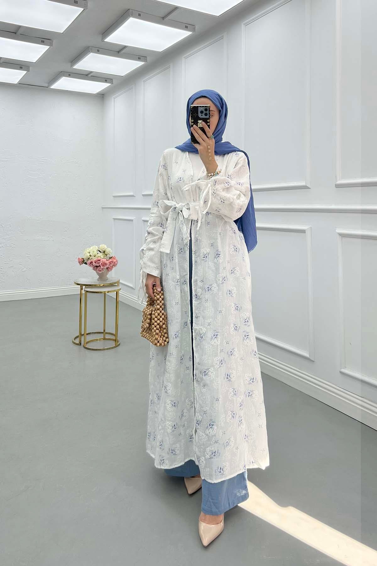 Sare Fashion Floral Patterned Belted Muslin Suit Indigo