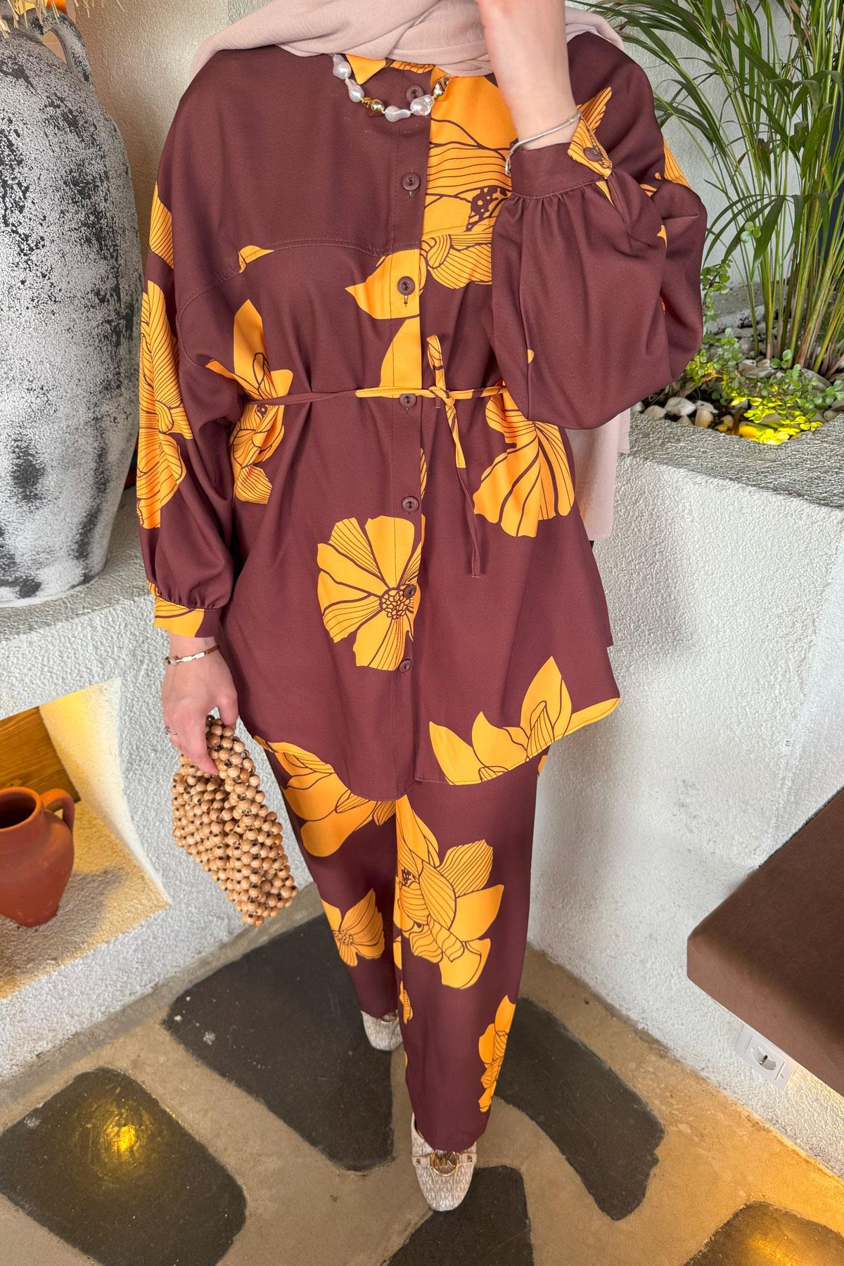 Sare Fashion Floral Patterned Trouser Suit Brown