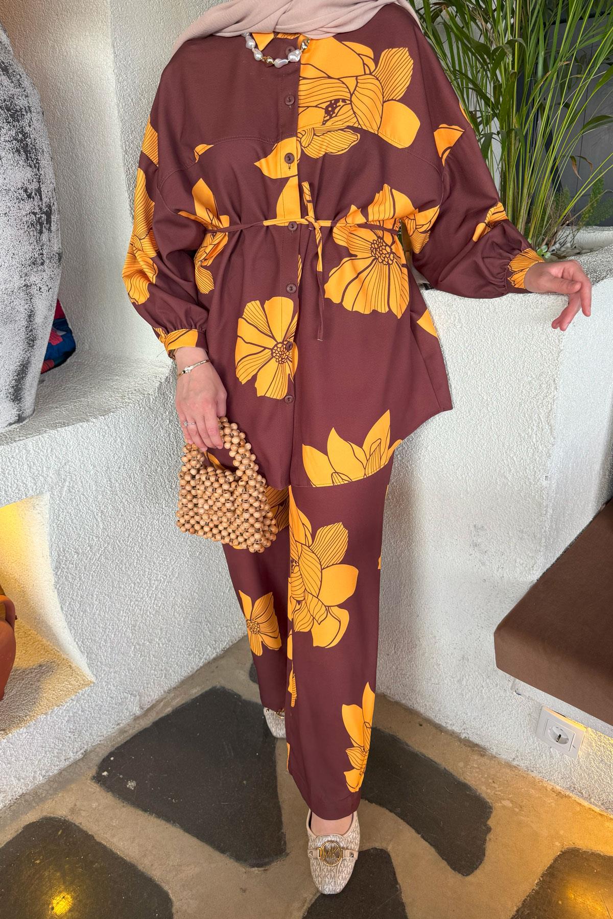 Sare Fashion Floral Patterned Trouser Suit Brown