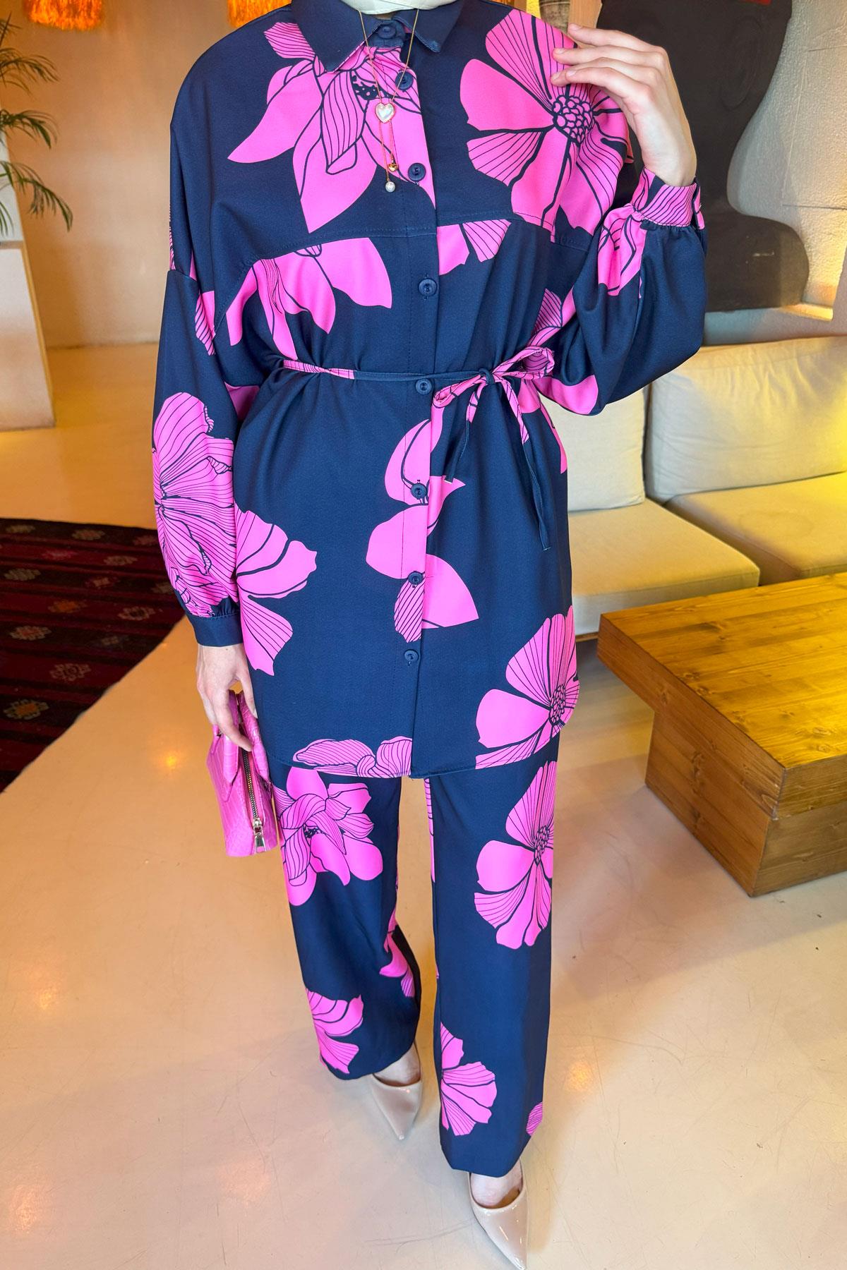 Sare Fashion Floral Patterned Trouser Suit Navy Blue