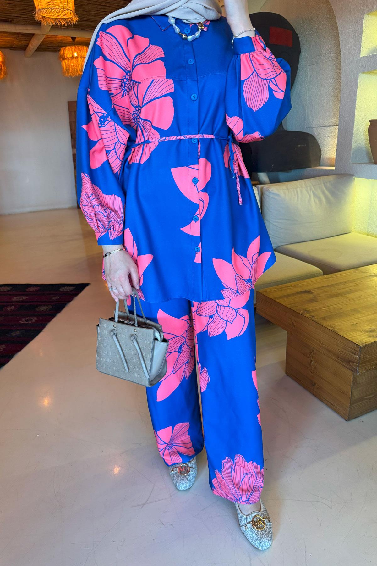 Sare Fashion Floral Patterned Trouser Suit Saxe Blue