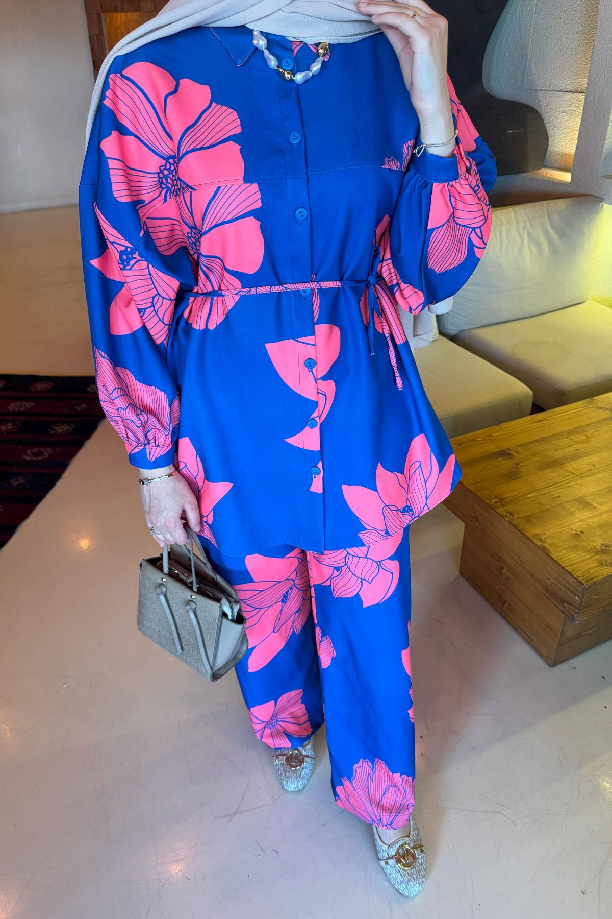 Sare Fashion Floral Patterned Trouser Suit Saxe Blue