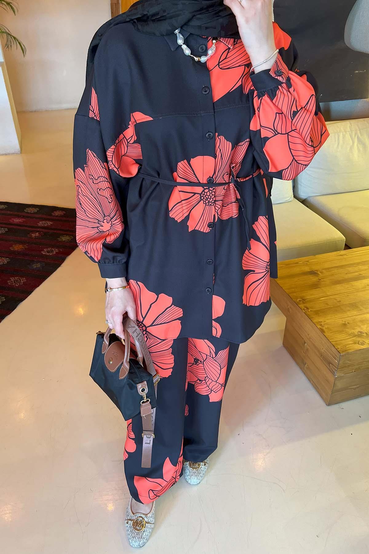 Sare Fashion Floral Patterned Trouser Suit Black