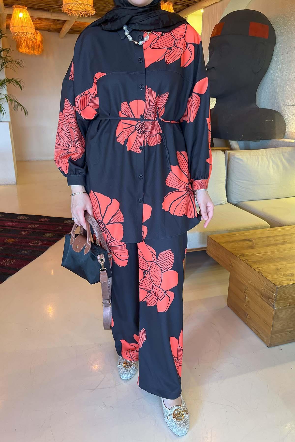 Sare Fashion Floral Patterned Trouser Suit Black