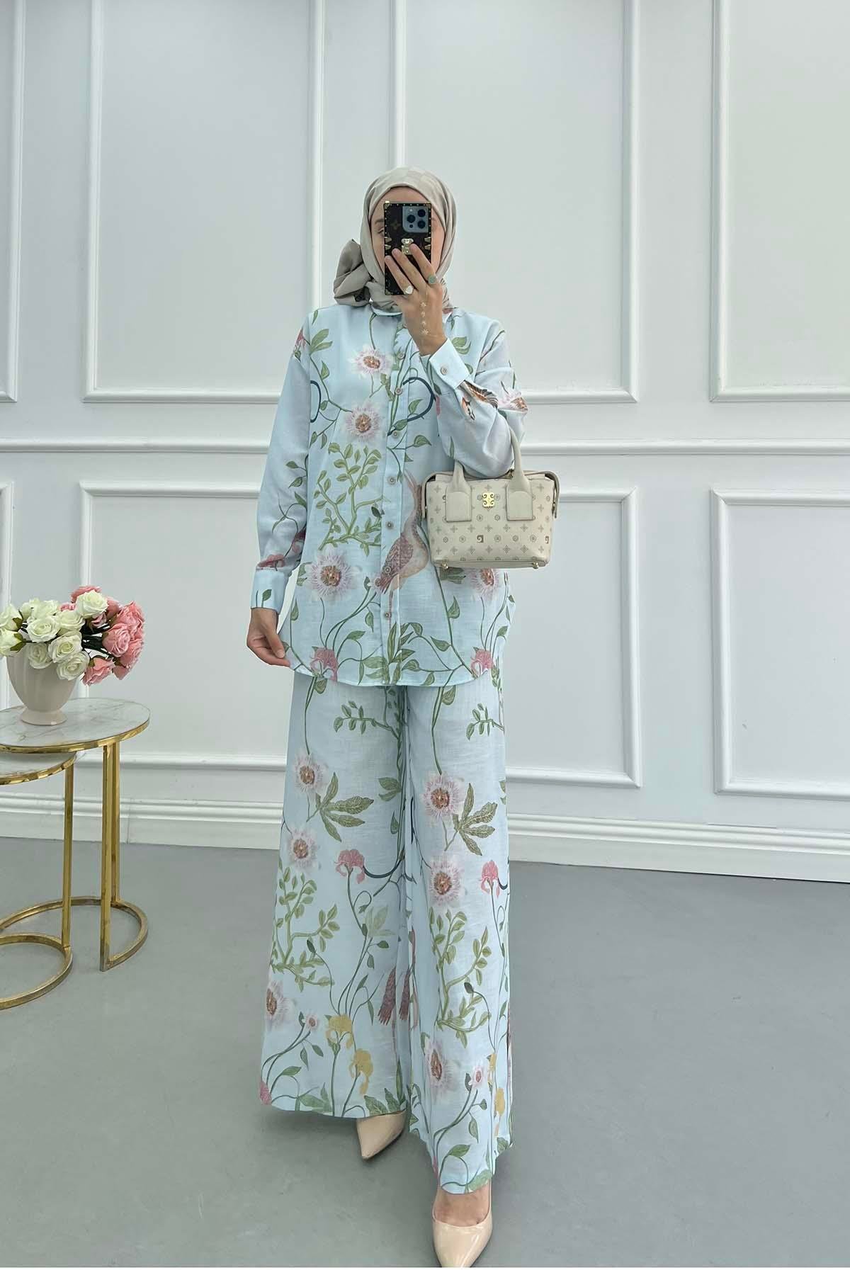 Sare Fashion Flower Patterned Suit Baby Blue